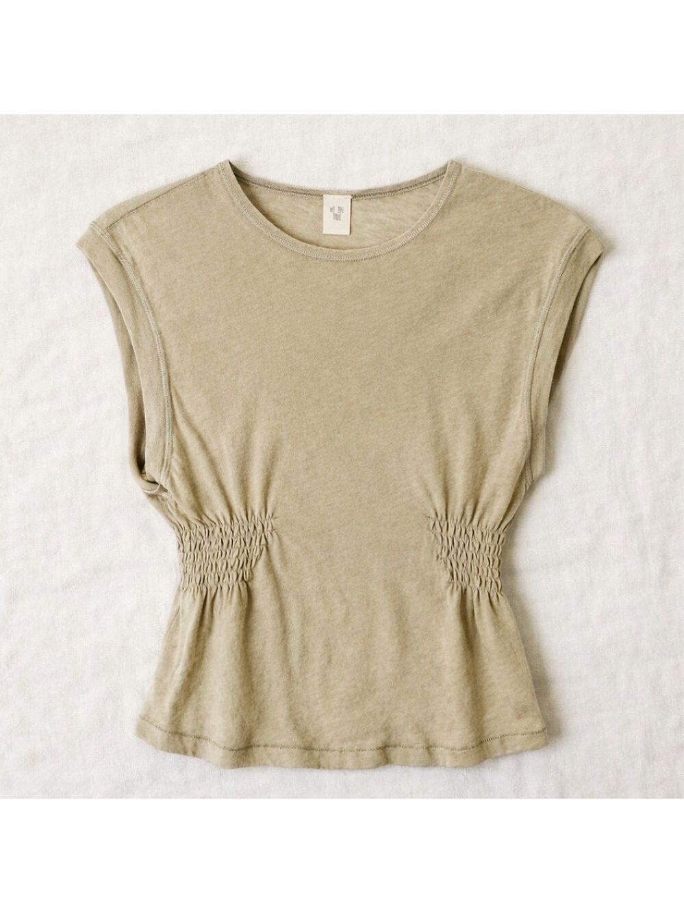 We The Free Cinch Me Tee Khaki Taupe Ruched Cap Sleeve Top Size Medium